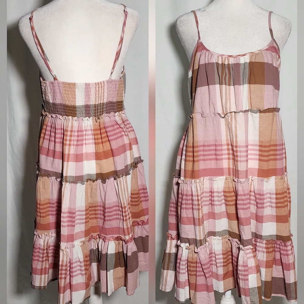 Tiered Plaid Midi Sundress in Pink and Brown